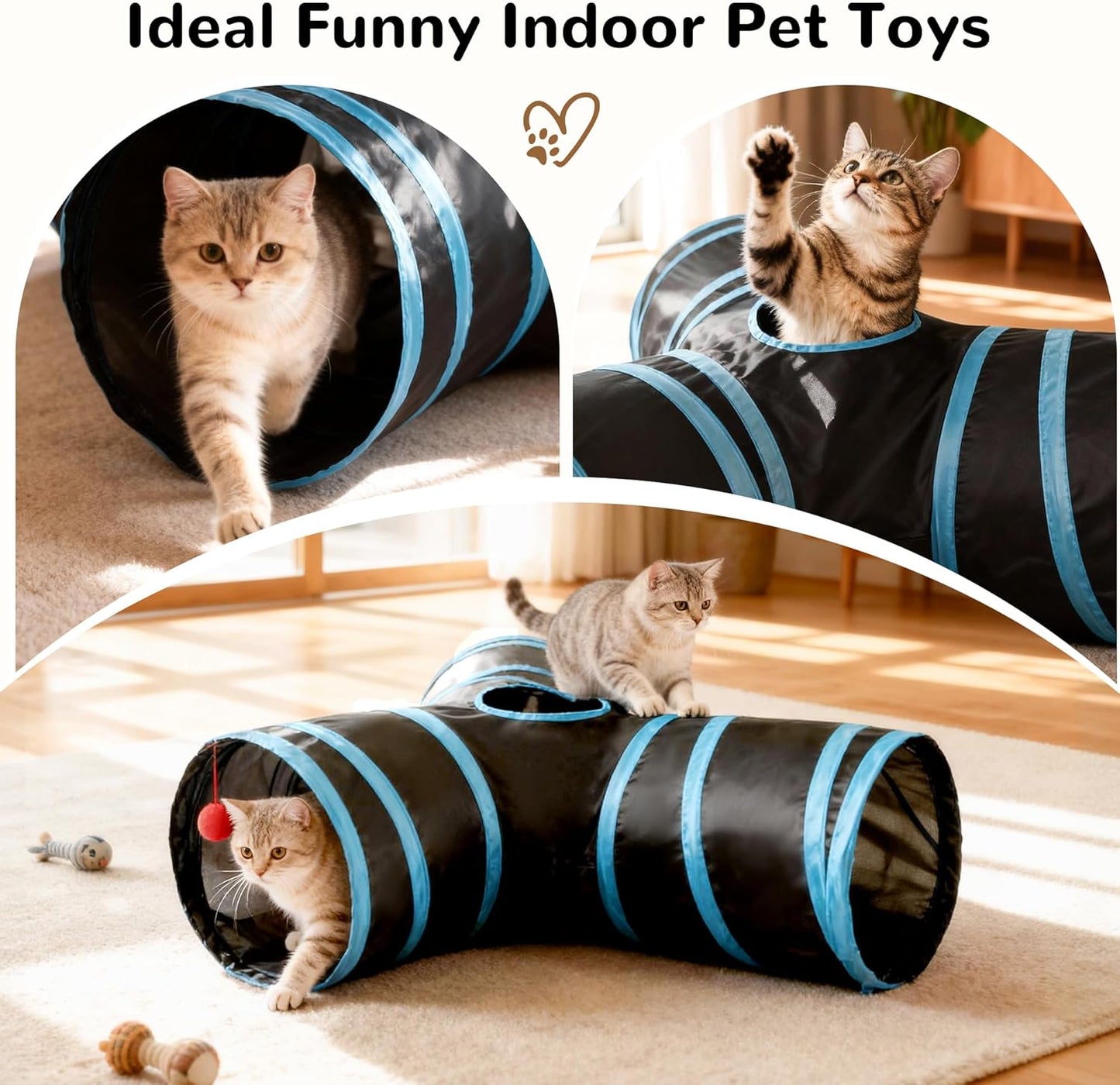 Pet Cat Tunnel Tube Cat Toys 3 Way Collapsible, Cat Tunnels for Indoor Cats,Kitty Tunnel Bored Cat Pet Toys Peek Hole Toy Ball Cat, Puppy, Kitty, Kitten, Rabbit